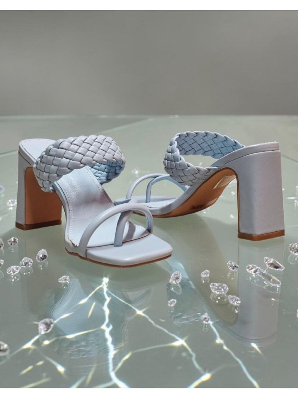 Braided Strap Block Heel Sandals In Light Blue With Square Toe Design